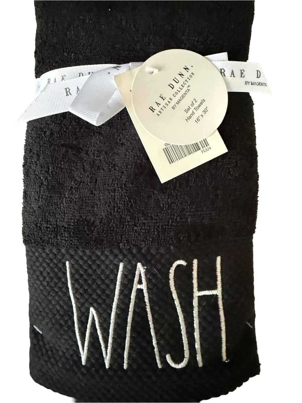 BNWT Rae Dunn Black Hand Towel with White "WASH" & “DRY” Embroidery